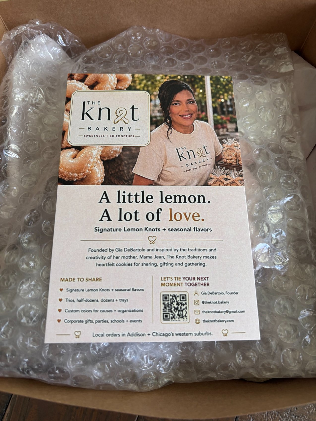The Knot Bakery cookies and story card