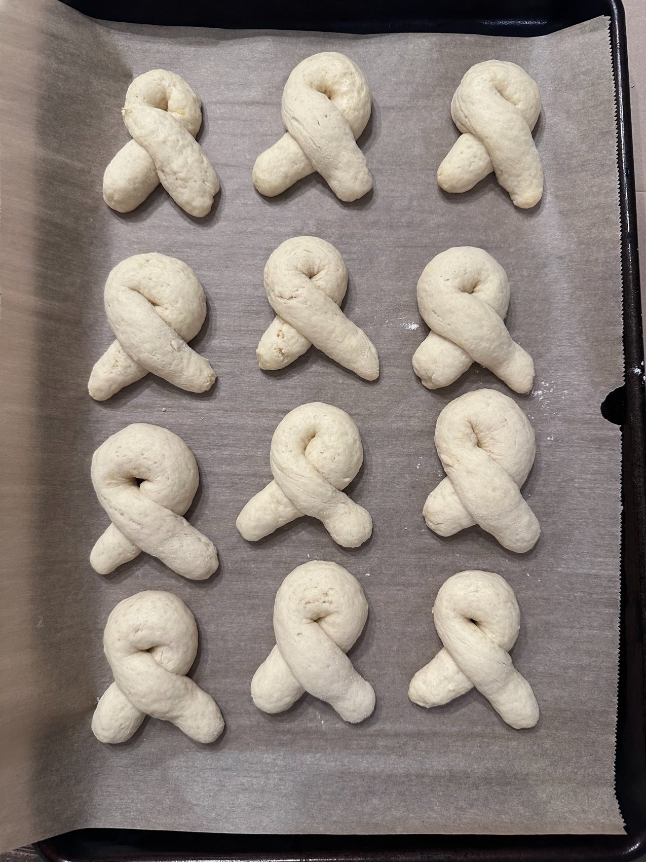 Hand tied Knots on a baking tray