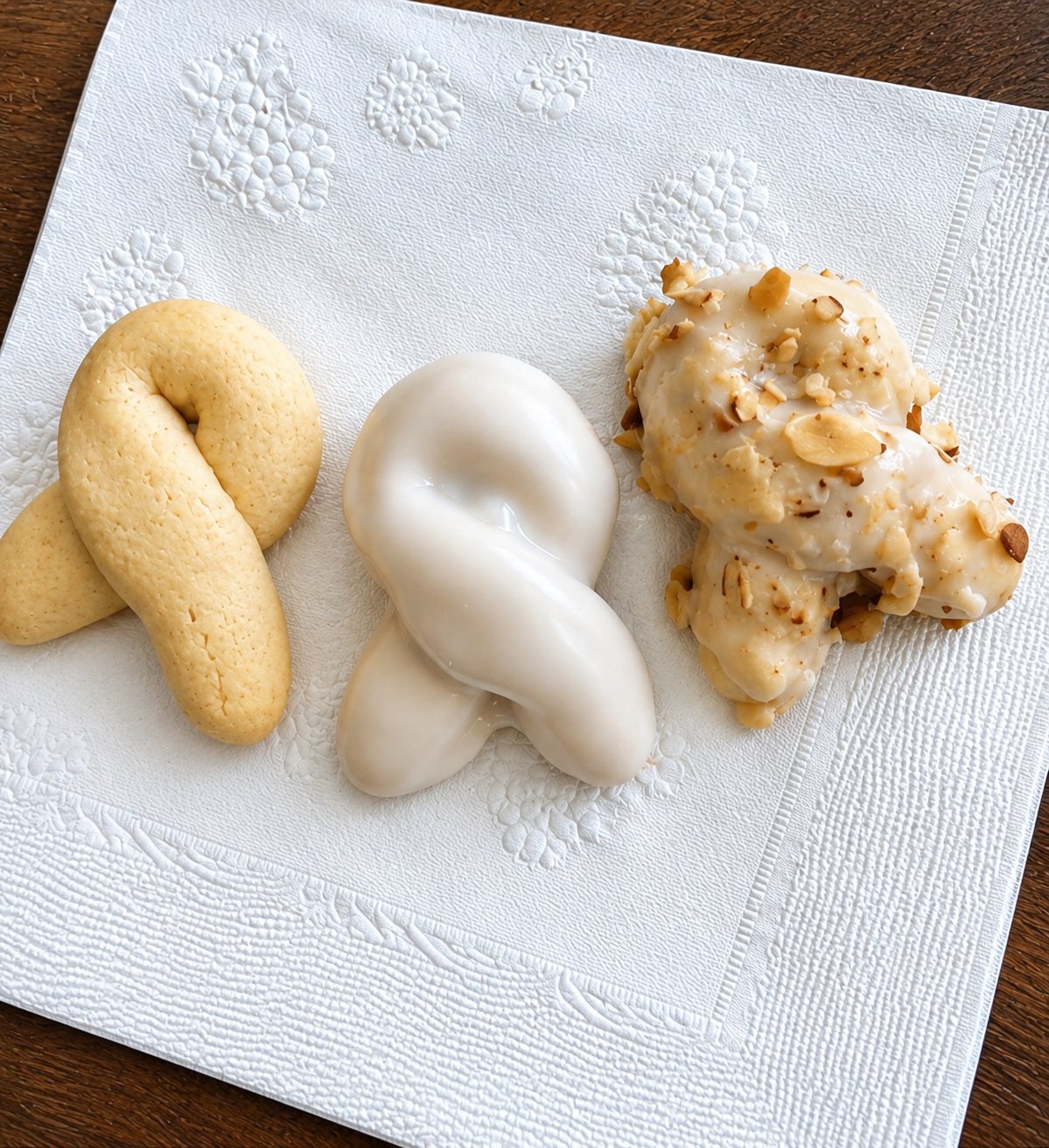 Three handmade cookies showing their finishing touches
